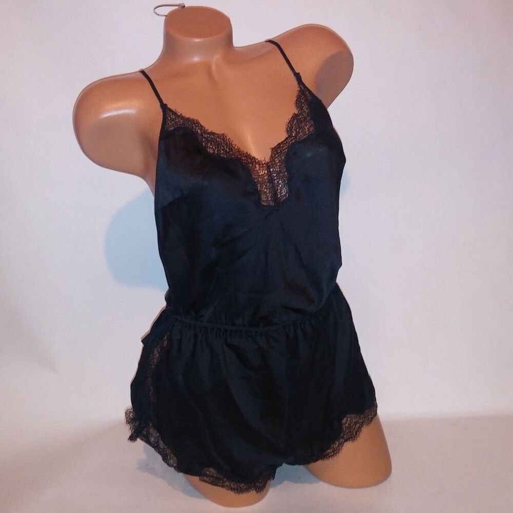 Victorias Secret Black Satin and Lace Romper Small
